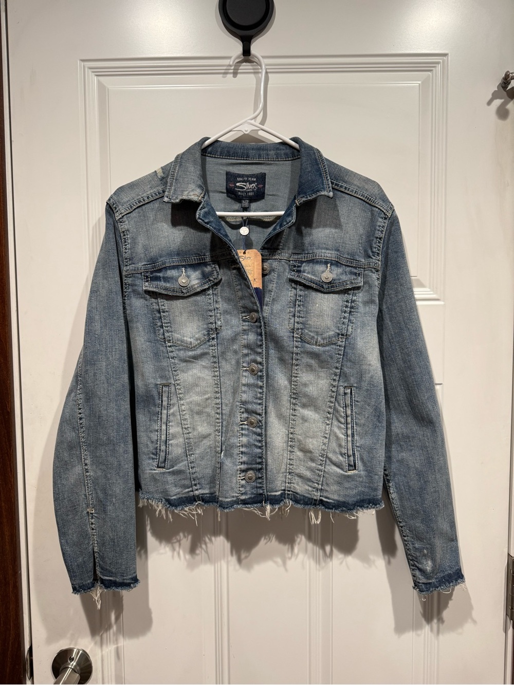 Silver Jeans Light Denim Frayed Hem Cropped Jean Jacket